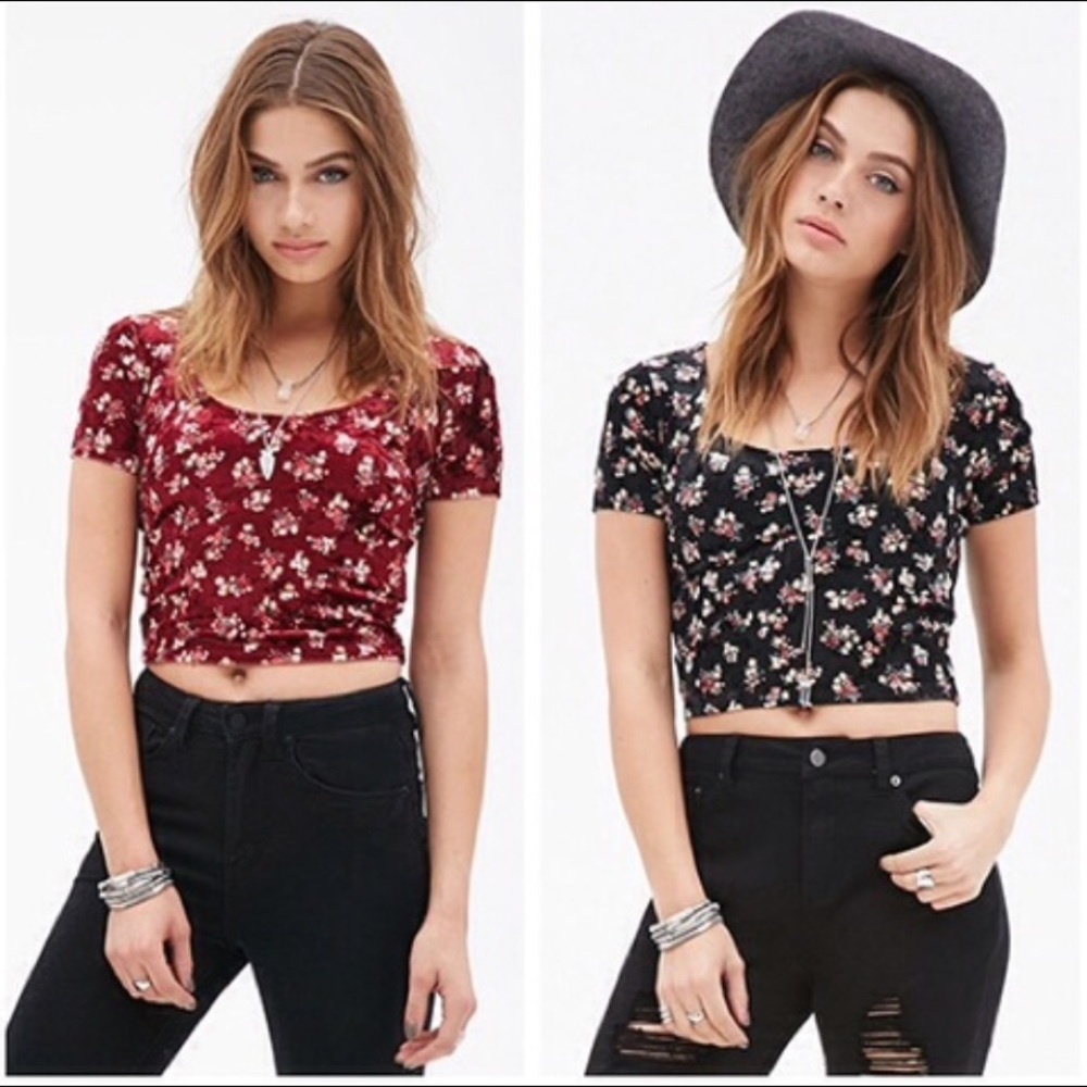 Black Floral Velvet Crop Top with Cap Sleeves
